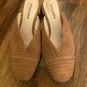 Jeffrey Campbell mule.  Light brown weave.  Block heel. 7.5